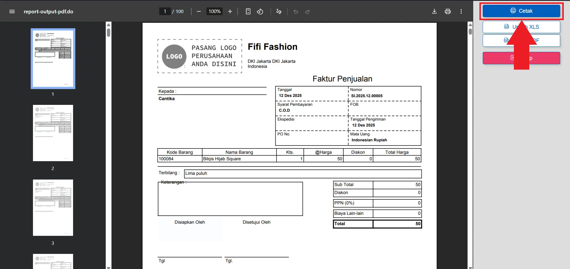 mencetak faktur penjualan secara massal
